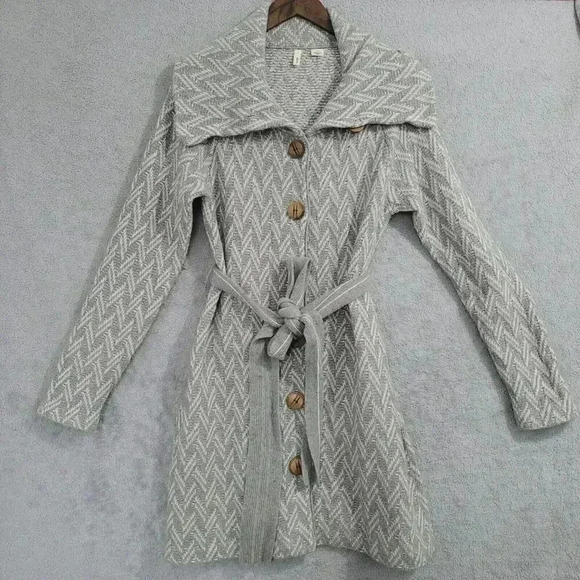 Anthropologie Moth Wool Blend size M Herringbone Knit Belted Pea Coat Gray 26CT - Picture 1 of 8